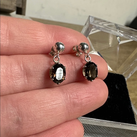 925 sterling silver great shape smoky quartz brown faceted crystal drop earrings - Picture 4 of 6